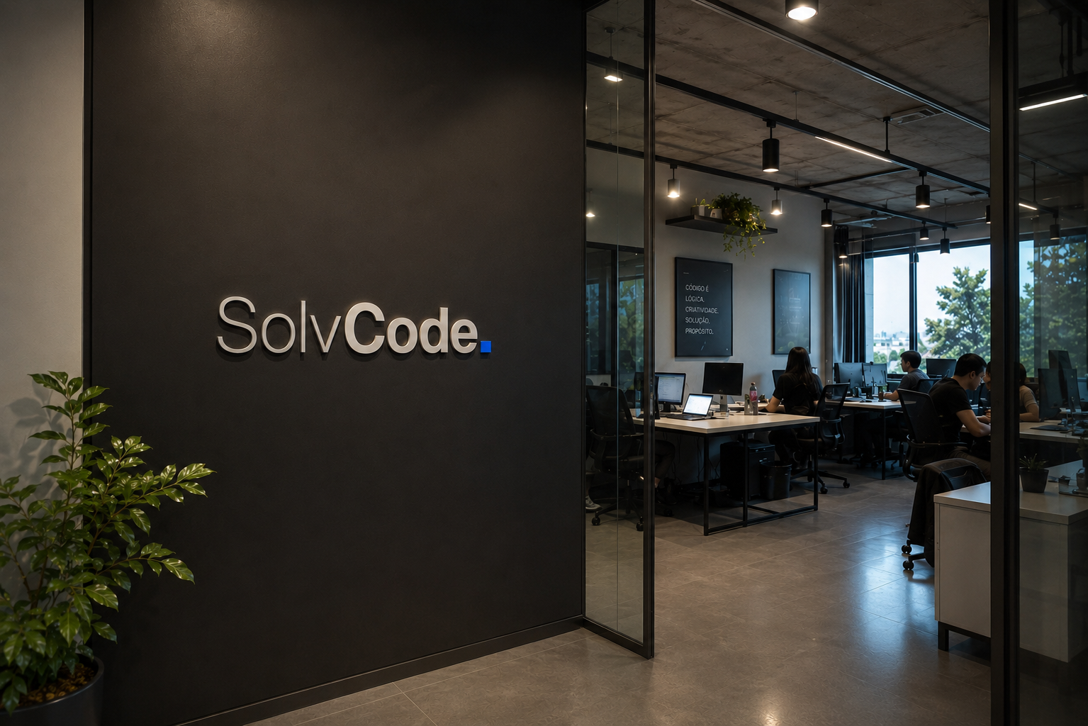 Entrada do escritório da SolvCODE com identidade visual em parede escura e equipe trabalhando ao fundo